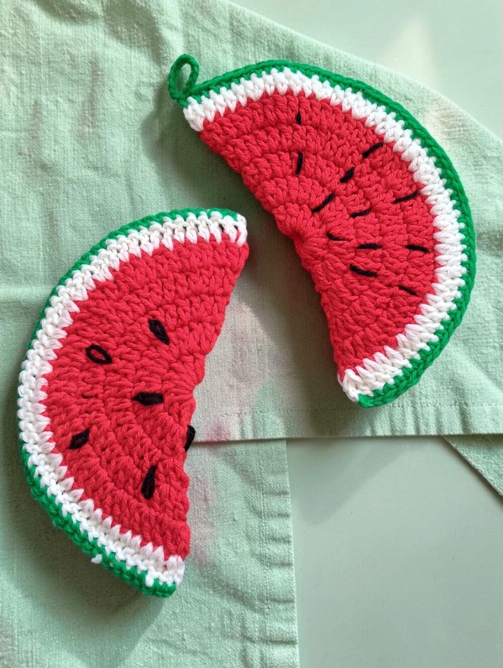 Vintage Handmade Watermelon Crochet Potholders Knit Farmhouse Retro Kitchen